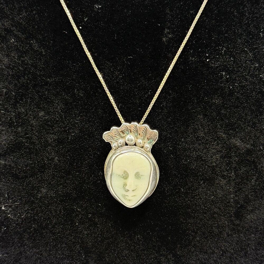 925 Sterling Silver Tribal Face Pendant Necklace 18” Chain